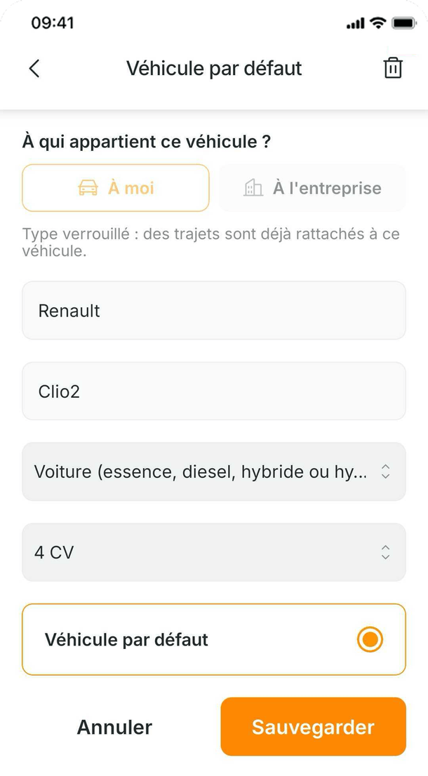 Écran d’ajout d’un véhicule, personnel ou d’entreprise