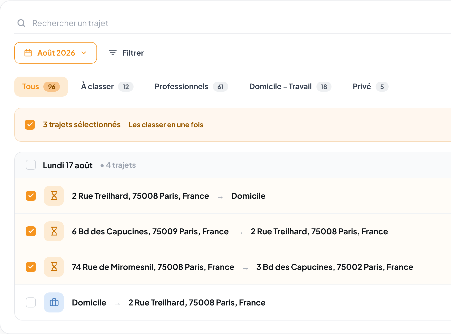Tableau de bord Movely : récapitulatif des trajets de l’équipe